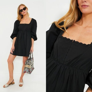 Pomander Place NEW Black Jenny Corset Puff Sleeve Cotton Mini Dress M