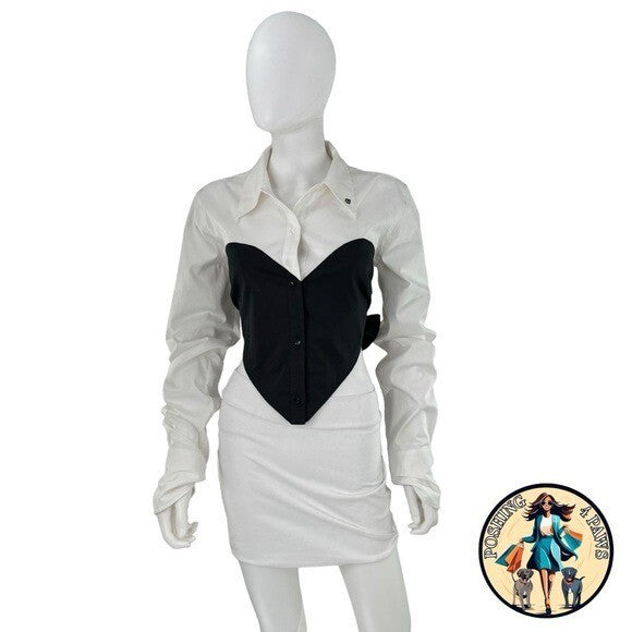 LOBA NEW Augstina Cropped Bow Preppy Button Up in Black and White Size XL