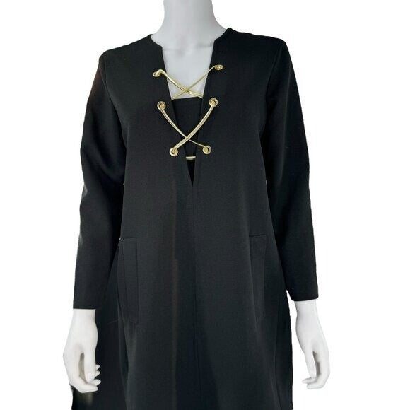 Tuckernuck NEW Black Gold Tie Front Long Sleeve Brigitte Mini Dress Size Medium