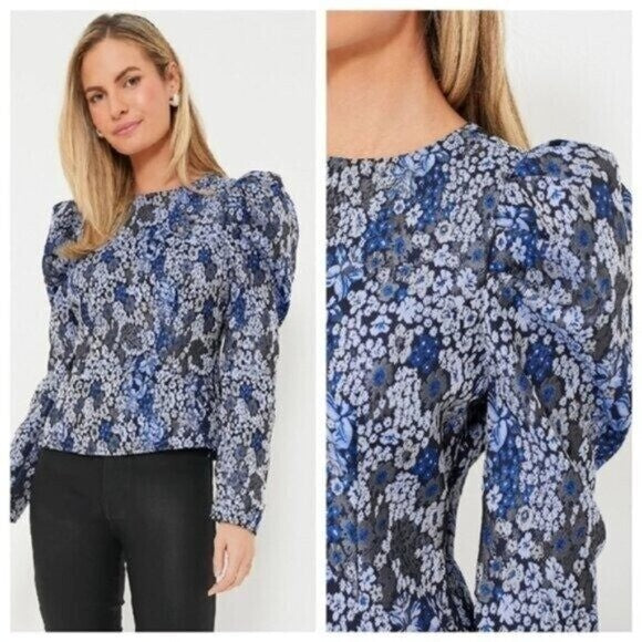 Hyacinth House NEW Blue Jacquard Priscilla Floral Puff Sleeve Blouse Size XXL