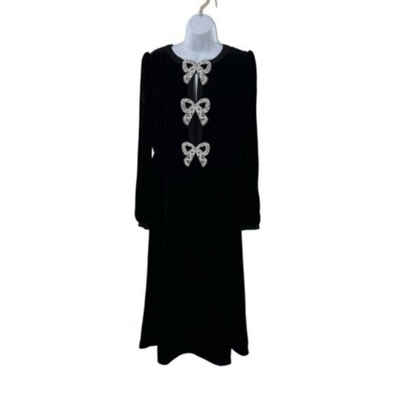 Saloni NEW Velvet Camille Bows Long Sleeve Formal Elegant Midi Dress Size 0