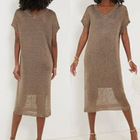 Tuckernuck Bronze Metallic Knit Mesh V Neck Short Sleeve Midi Dress Size L