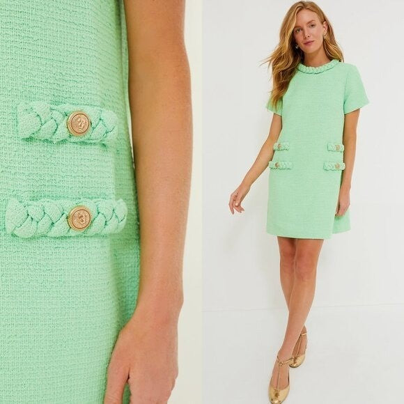 Tuckernuck NEW Palm Beach Green Tweed Retro Jackie Short Sleeve Mini Dress S