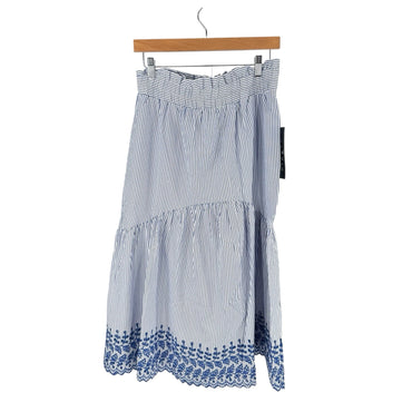 Tuckernuck NEW Blue White Eyelet Stripe Cinza Embroidered Midi Skirt Size L