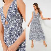 Hyacinth House NEW Navy Scroll Print Toula V Neck Sleeveless Maxi Dress Size L