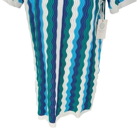 Hyacinth House NEW Aqua Wavy Sammie Blue White Coastal Knit Mini Dress Size XL