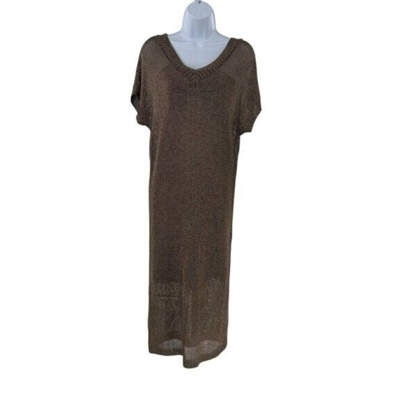 Tuckernuck Bronze Metallic Knit Mesh V Neck Short Sleeve Midi Dress Size M