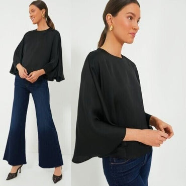 Tuckernuck NEW Black Selma Satin Twill Cape Flowy Round Neck Blouse Top Size XS