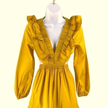 NEW Petal & Pup Mariga Long Sleeve Frill Shoulder Midi Dress in Marigold Size M