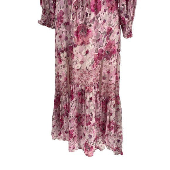 LoveShackFancy NEW Pink Indigo Silk Off the Shoulder Floral Maxi Dress Size S