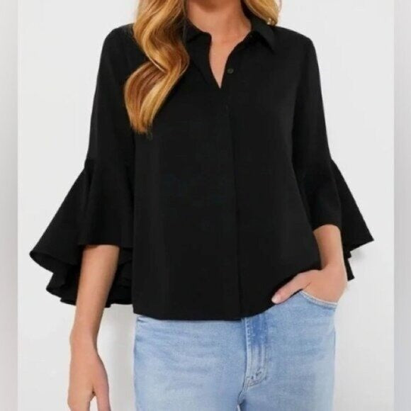Tuckernuck NEW Black Norah Bell Sleeve Collared Button Down Blouse Top Size XXXL