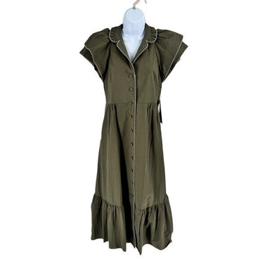 Tuckernuck NEW Olive Green Alice Puff Sleeve Collared Classic Midi Dress XXS