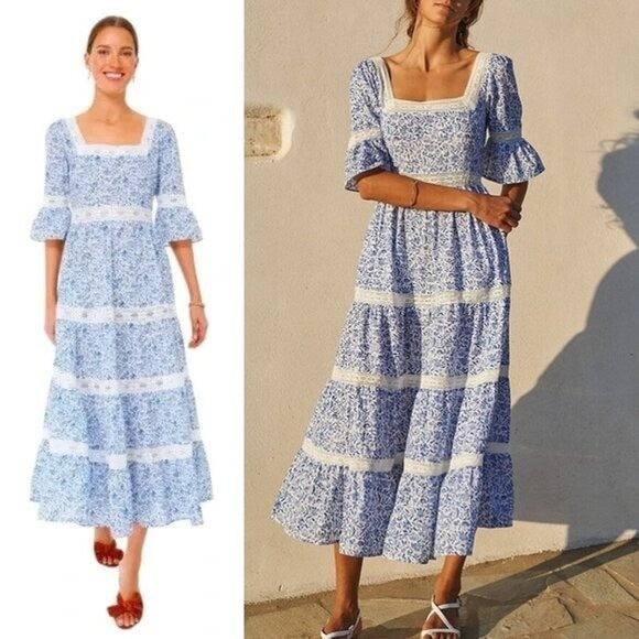 Pink City Prints NEW Celine Sky Chintz Blue Lace Floral Maxi Dress Size S
