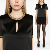 SELF-PORTRAIT NEW Embellished Black Gold Satin Short Sleeve Blouse Size 4