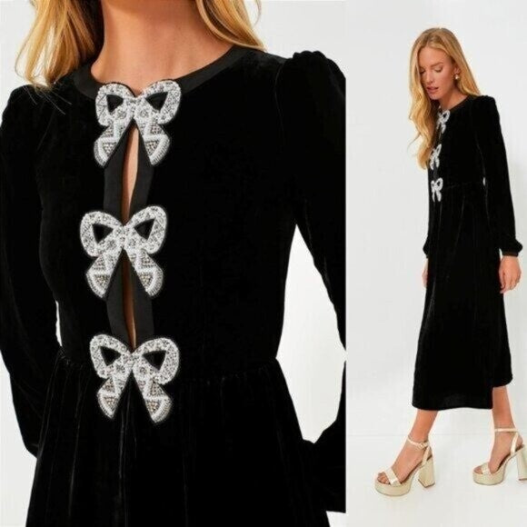 Saloni NEW Velvet Camille Bows Long Sleeve Formal Elegant Midi Dress Size 0