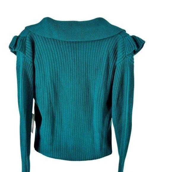 Tuckernuck NEW Hyacinth House Teal Ruffle Casey Collared V-Neck Sweater Size M