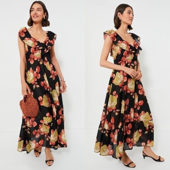 The Great NEW Cabbage Rose Print The Geranium Dress Black Floral Maxi Dress S