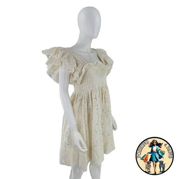 Lug Von Siga NEW Ivory Valery Eyelet Lace Square Neck Mini Dress Size 6