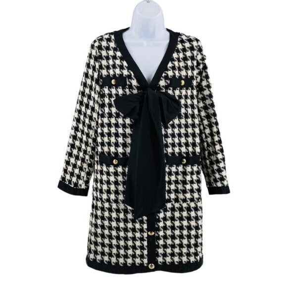 Pomander Place | NEW Coco Tweed Houndstooth Bow Mini Dress Black White Size XL