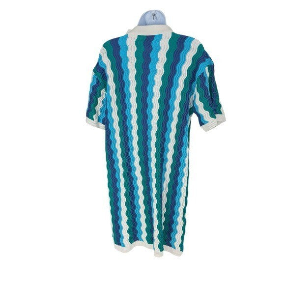 Hyacinth House NEW Aqua Wavy Sammie Blue White Coastal Knit Mini Dress Size XL