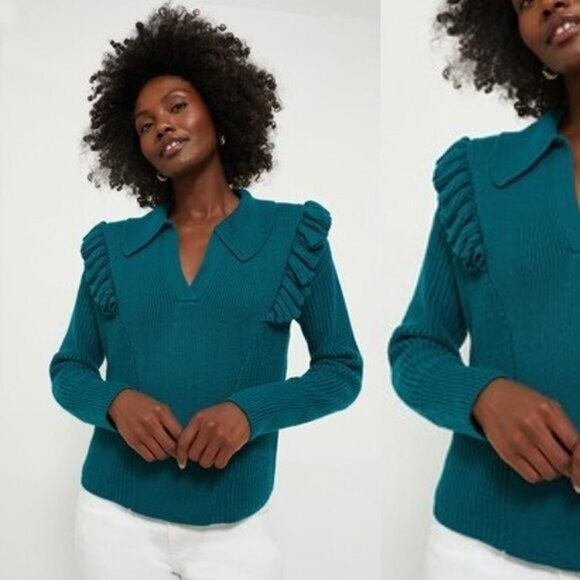 Tuckernuck NEW Hyacinth House Teal Ruffle Casey Collared V-Neck Sweater Size M