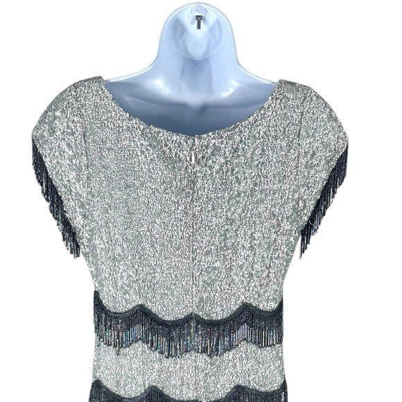 Batsheva NEW Octavia Cocktail Party Formal Midi Dress in Silver Sequin Size 6