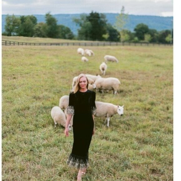 NEW Pomander Place Black Velvet Lillith Gold Embroidered Lace Maxi Dress Size L