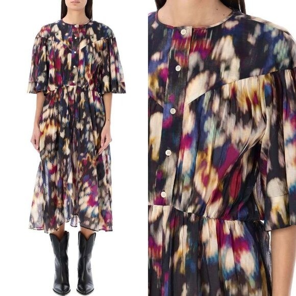 Isabel Marant Etoile NEW Maggy Black Watercolor Button Down Midi Dress Size S