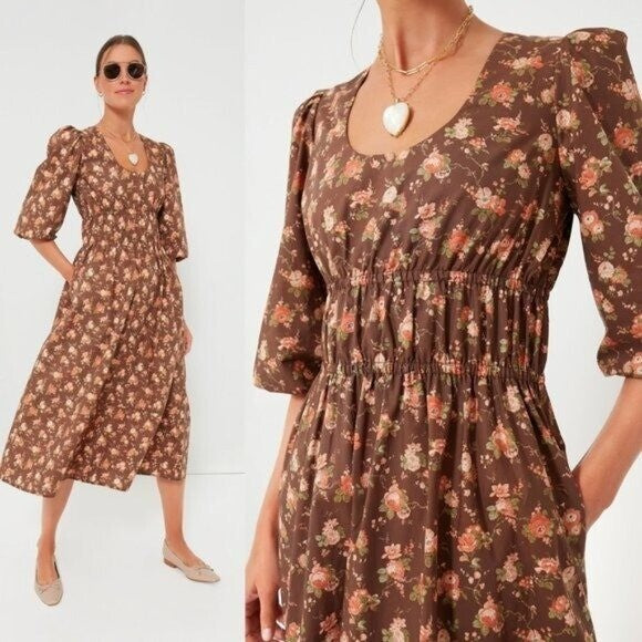Tuckernuck NEW Rosewood Chintz Marlena Floral Brown Boho Midi Dress Size Small