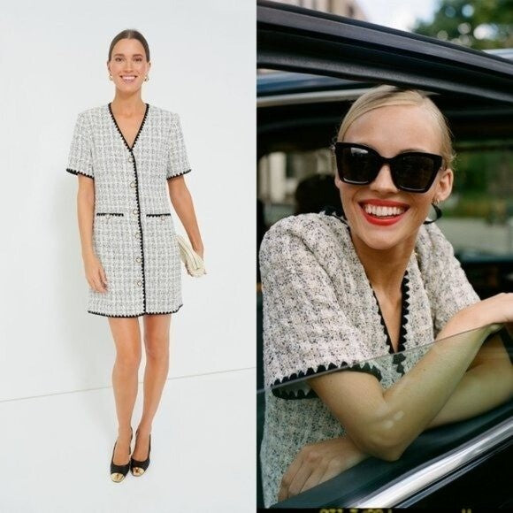 Pomander Place NEW White Tweed Retro Josephine Mini Dress in White Black Size S