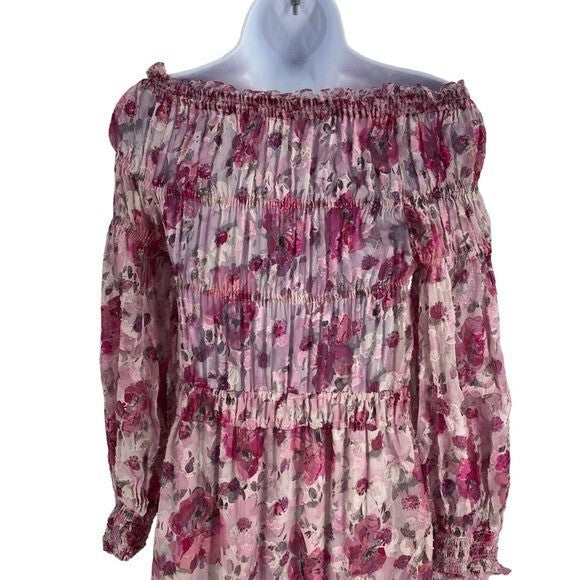 LoveShackFancy NEW Pink Indigo Silk Off the Shoulder Floral Maxi Dress Size S