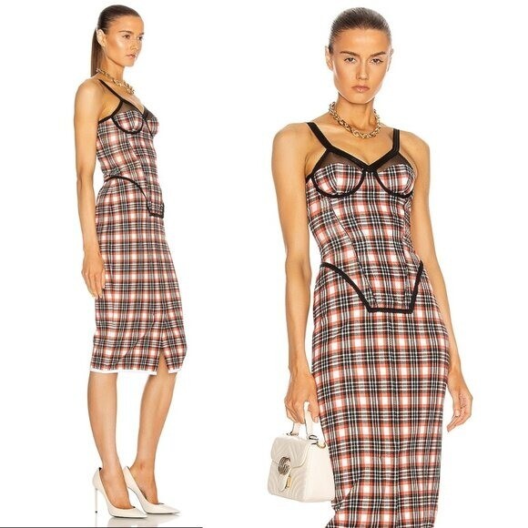 Burberry NEW Corset Red Black Nova Check Plaid Bodycon Midi Dress Size 2
