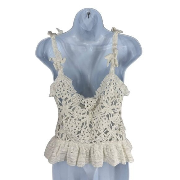 Farm Rio NEW White Flowers Crochet Handmade Peplum Scoop Neck Top Size XL