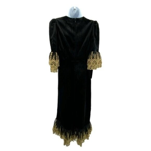 NEW Pomander Place Black Velvet Lillith Gold Embroidered Lace Maxi Dress Size XS