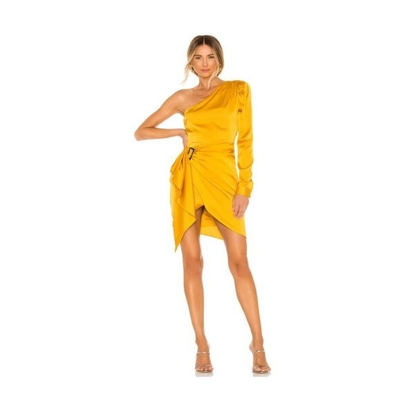 Lovers + Friends NEW Ana One Shoulder Satin Party Mini Dress in Yellow Size XXS