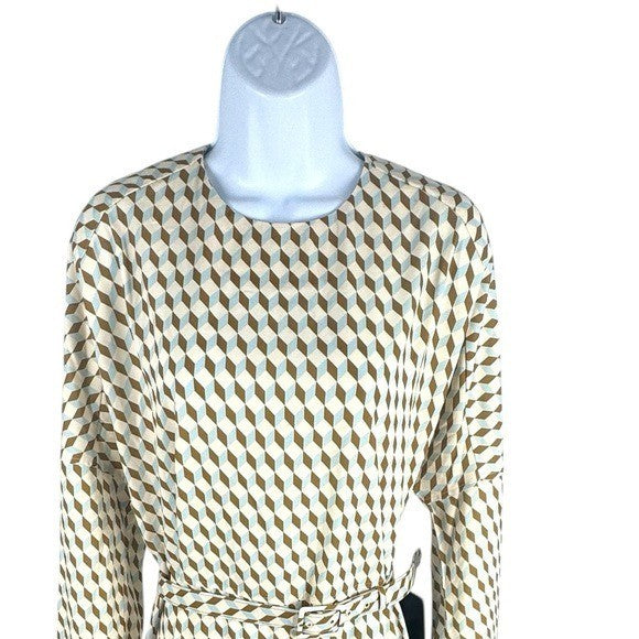 Tuckernuck NEW Tan Ocean Spray Geo Bex Long Sleeve Belted Midi Dress Size XXL