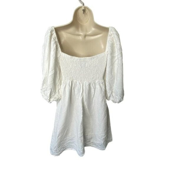 Tuckernuck NEW White Annie Linen Puff Sleeve Boho Smocked Mini Dress Size M