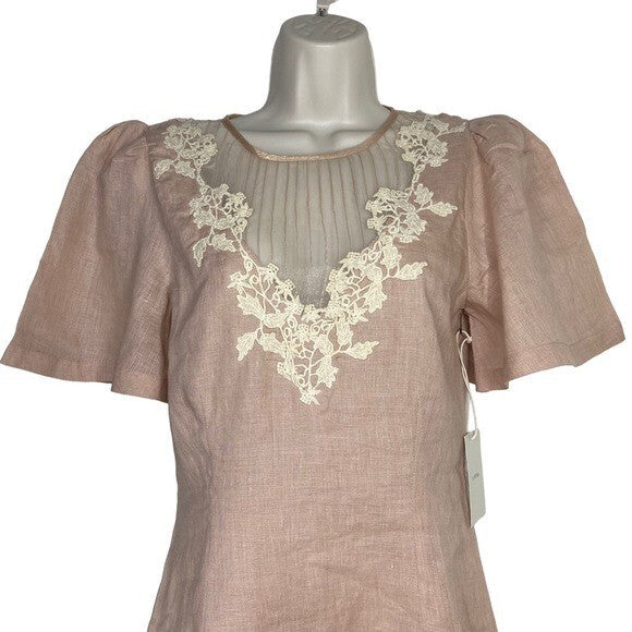 Tularosa | NEW Levy Embroidered Linen Puff Sleeve Mini Dress in Natural Size XS