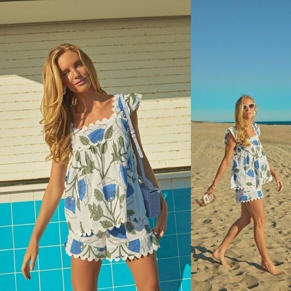 Juliet Dunn NEW White and Klein Blue Baby Doll Floral Scalloped Top Size S