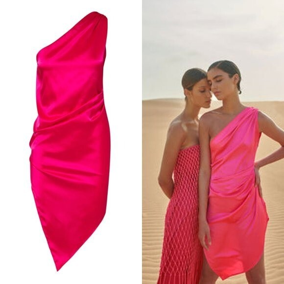 Baobab NEW Celia Satin One Shoulder Barbiecore Mini Dress in Frambuesa Size XS