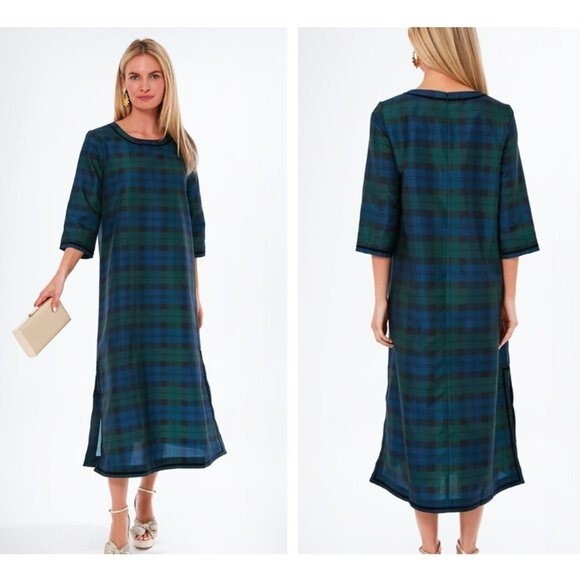 Tuckernuck | NEW Jamie Velvet Trimmed Plaid Blackwatch Midi Dress Size XS