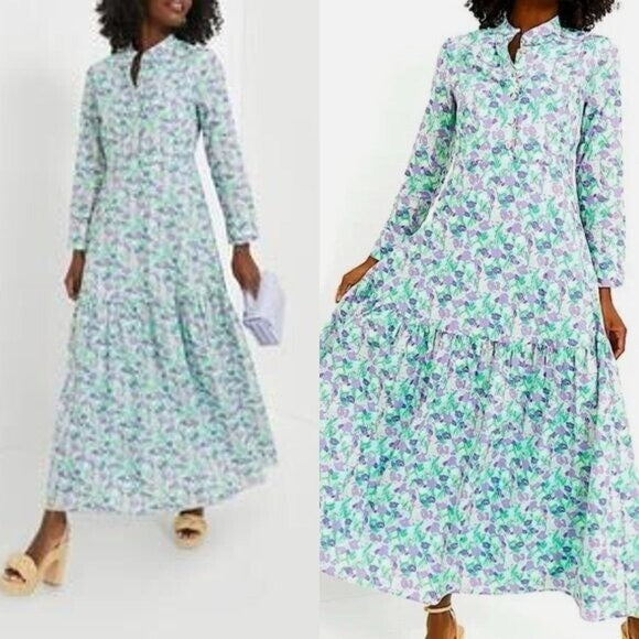 Hyacinth House NEW Aqua Bellflower Multi Floral Long Sleeve Maxi Dress Size XS