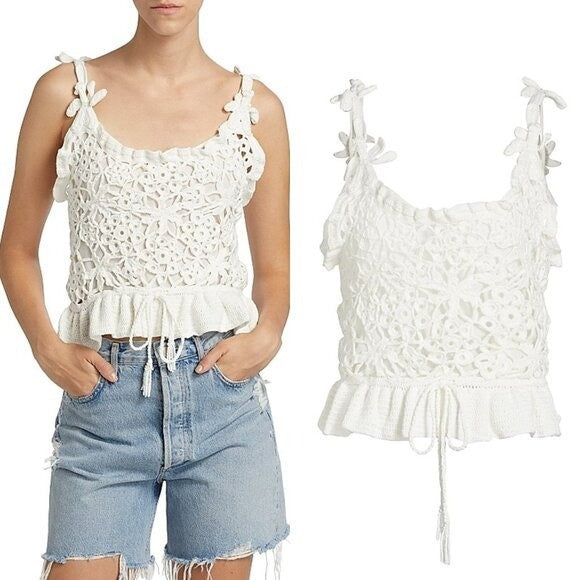 Farm Rio NEW White Flowers Crochet Handmade Peplum Scoop Neck Top Size XL