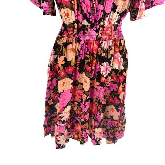 Petal & Pup NEW Lyris V-Neckline Floral Mini Dress in Pink and Black Size XS