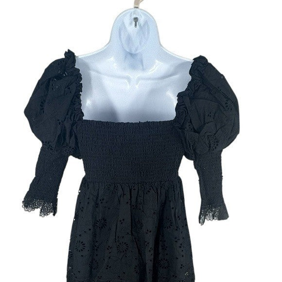 O.P.T. NEW Black Wednesday Cotton Eyelet Puff Sleeve Midi Dress Size XS