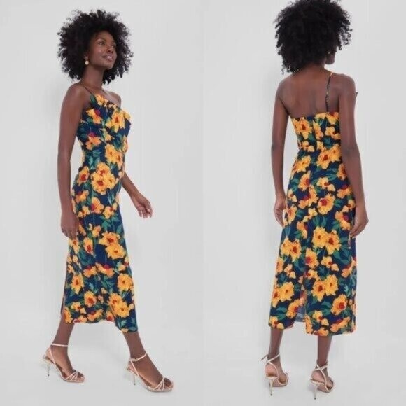 Hyacinth House NEW Navy & Marigold Floral Ruffle Margot Maxi Dress Size M