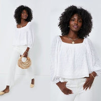 Pomander Place NEW White Textured Bonnie Gingham Puff Sleeve Blouse Size XS