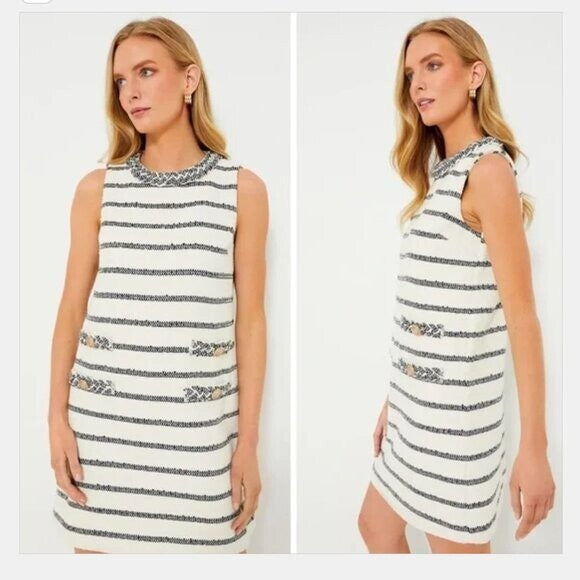 Tuckernuck | NEW Navy Stripe Tweed Sleeveless Crew Neck Jackie Mini Dress Size S