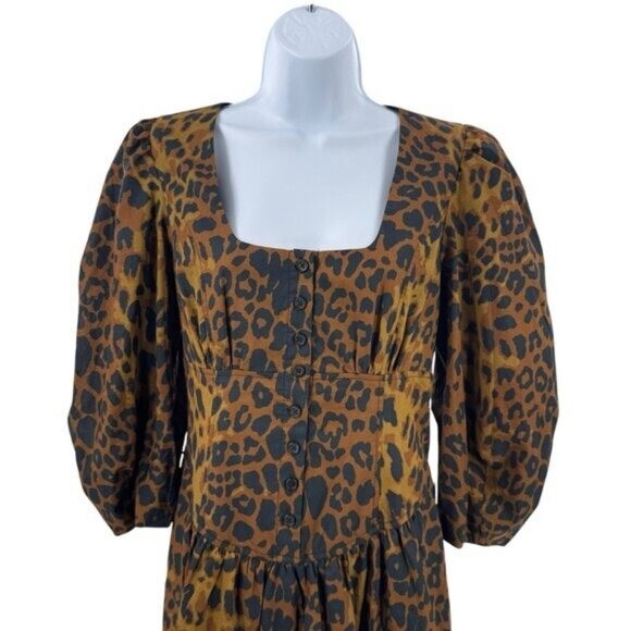 Tuckernuck NEW Leopard Graciela Puff Sleeve Square Neck Midi Dress Size 4