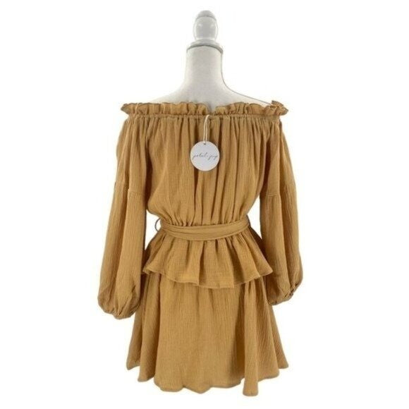 Petal & Pup NEW Callie Off the Shoulder Gauzy Ruffle Mini Dress Yellow Size M